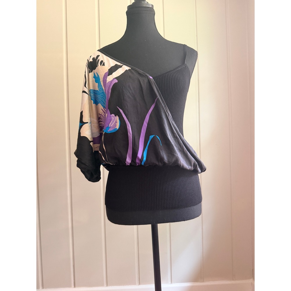 Bebe One Shoulder Silk Floral Ribbed Top Black Purple Mcbling Y2K Large